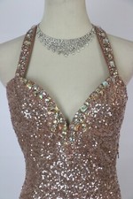 NEW Size 4 Tony Bowls 500 Taupe Halter Prom Formal Long Gown Sequin Dress NWT