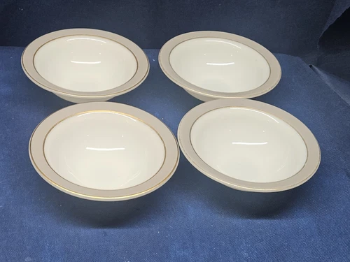 Vintage Mid-Century Pyrex MilkGlass Dove Gray/Gold Trim Set/4 Soup/Cereal Bowls