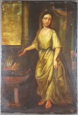 Ancien Tableau "Femme au Brasero" Peinture Huile Antique Oil Painting Dipinto