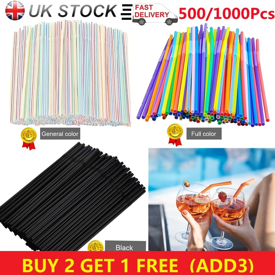 500X Straws Plastic Bendy Colourful Straws Birthday Wedding Summer Party Drink~ - Image 2 of 4