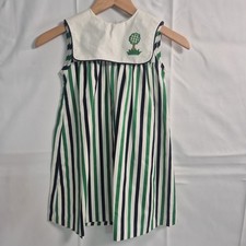 Vtg Ruth of Carolina Dress Girls 6 Green Navy Striped Bib Collar Gingham Tree M2