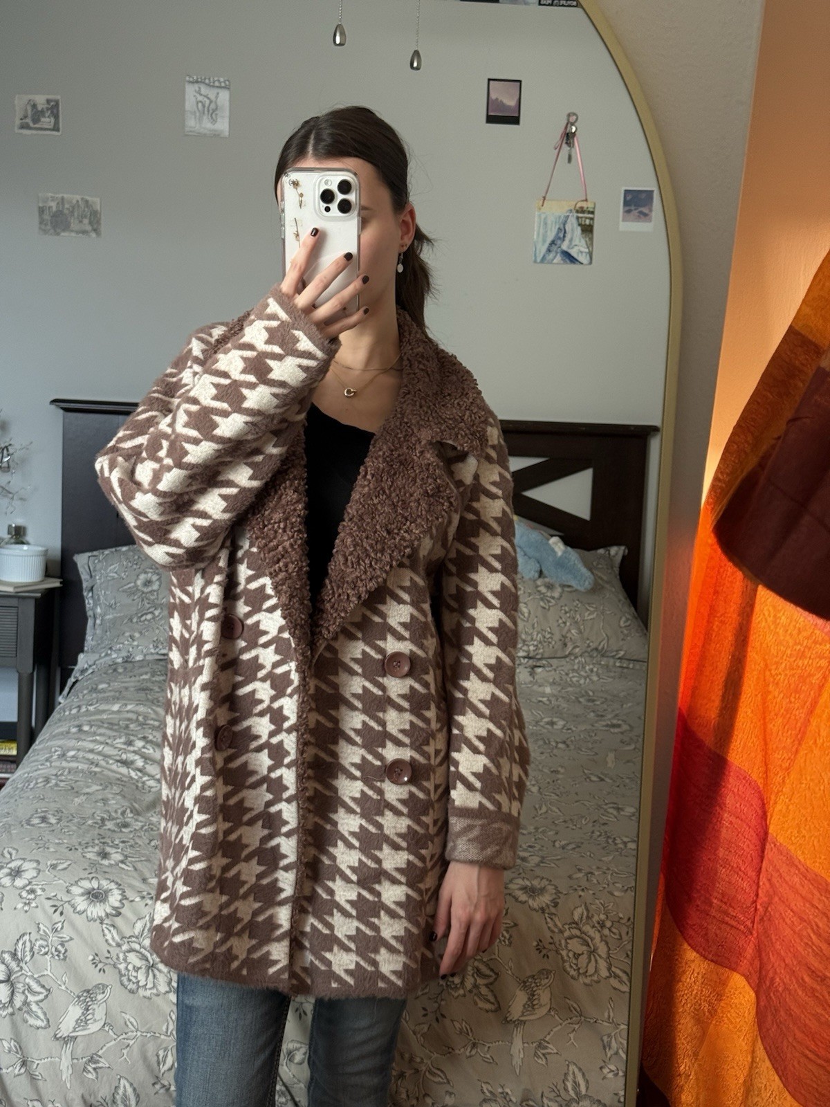 Oversized Houndstooth Collared Jacket – Brown Bei… - image 1