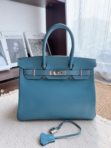 Auth Hermes Birkin 30 Bleu Jean Epsom Leather Silver Hardware Handbag Bag