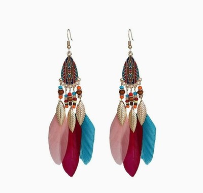Bohemian Feather Dangle Earrings Tribal Boho Statement Jewelry for Women