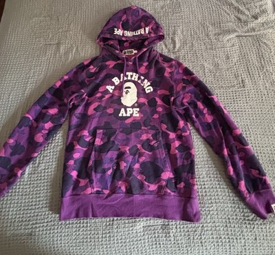 A Bathing Ape BAPE Men s L Purple Camo Pullover Hoodie Logo Pockets
