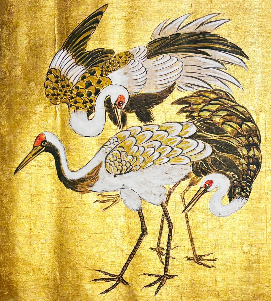 Large Shōwa Japanese Nihonga Crane Painting • Gold Leaf • Hand-Painted • Silk - Image 2 of 4