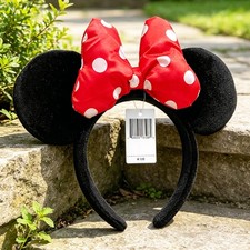 Disney- Parks Classic Red White Polka Dot Bow Black Minnie Mickey Ears Headband