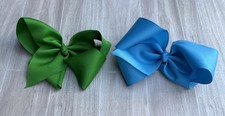 2- 7 Inch Deluxe Grosgrain Hair Bow Clip For Woman And Girls Green And Blue
