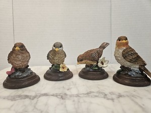 ​Set of 4 Vintage-Style Bird Figurines on Pedestal Bases - Decorative Songbirds
