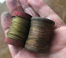 2 wooden spools With thin gauge BRASS and COPPER wire