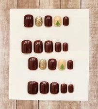 Custom Press On Handmade Gel Nails Brown Tree Accent Square Short 20 Tips