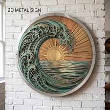 Ocean Wave Metal Wall Art, Round Coastal Metal Sign, Sunset Sea Decor
