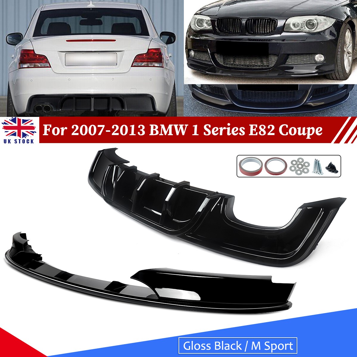 FOR 07-13 BMW 1 SERIES E82 M SPORT REAR DIFFUSER TWIN GLOSS BLACK FRONT SPLITTER