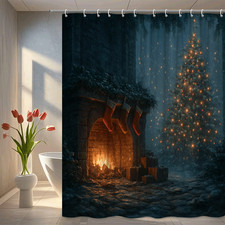 Christmas Shower Curtain with Cozy Fireplace and Tree