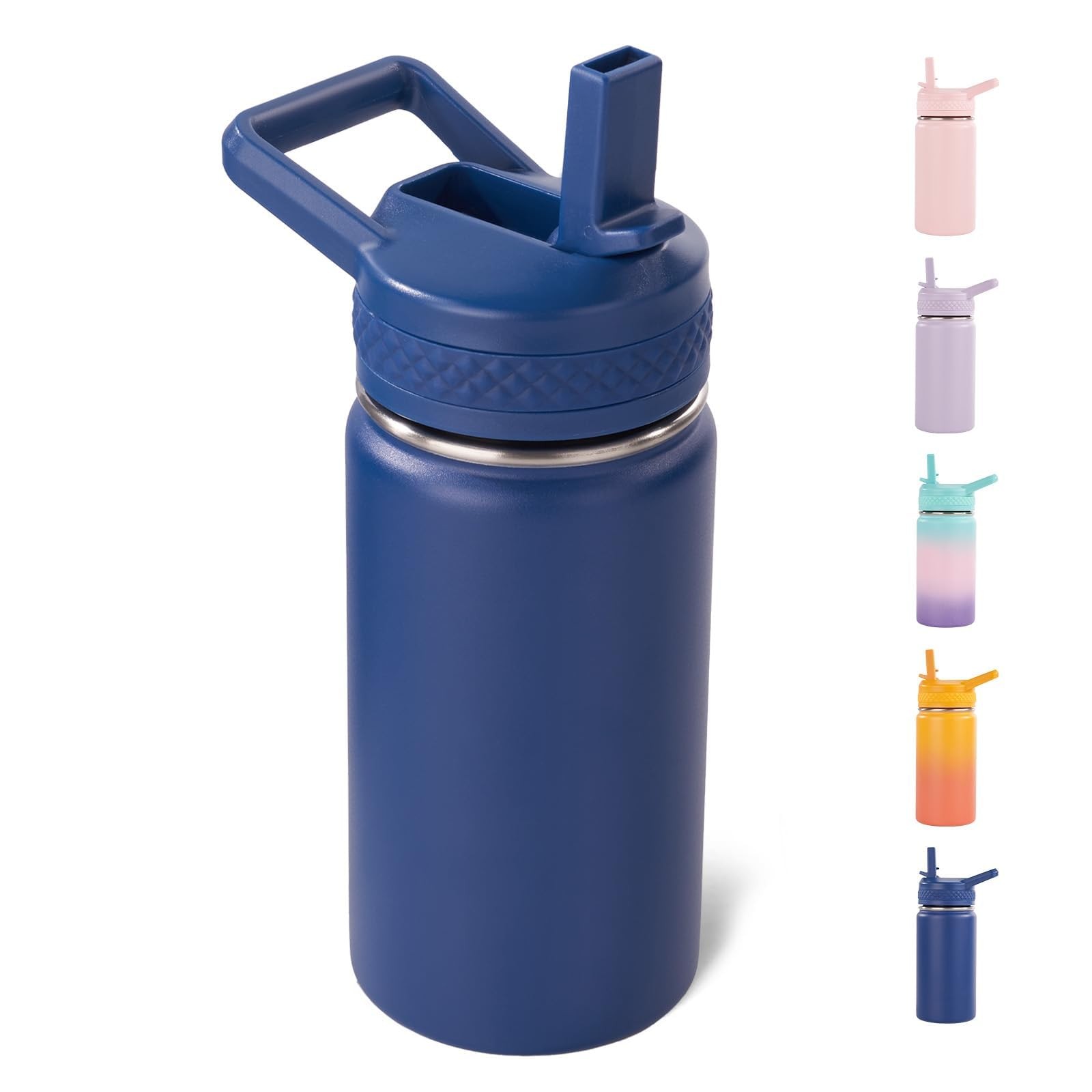 Insulated Thermos 12 oz, Stainless Steel Water Bottle w/ Straw for School, Blue