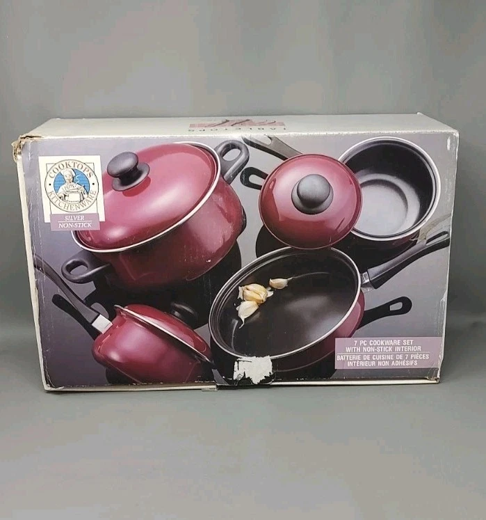 Vtg Tabletops Unlimited 7 PC Non-stick Cookware Set Maroon TU-109 New Open Box