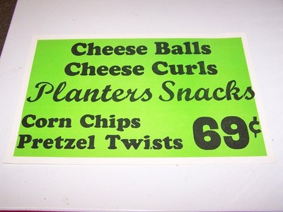 Vintage PLANTERS SNACKS CHEESE BALLS /CURLS .69 Cents - Paper Grocery Store Sign
