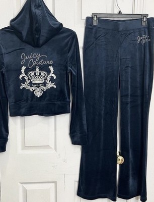 $199 Juicy Couture Velour Tracksuit Set Rhinestones Crown Logo Regal Blue  Large