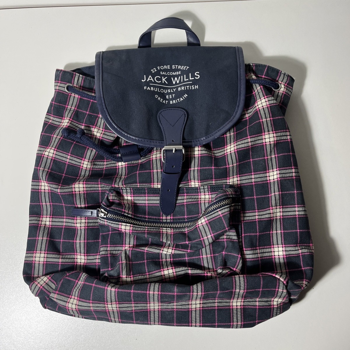 Jack Wills Backpack Rucksack Front Pocket Tartan Weekend Bag Blue