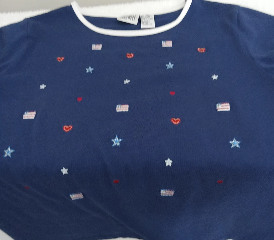 Camiseta Jason Maxwell Mujer M Azul Marino Blanco Borde Patriótico Estrellas Rayas Elástica Foto 2 de 4