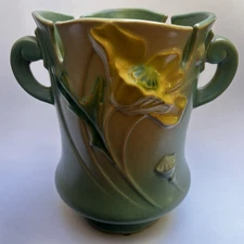 Roseville 1938 Art Pottery Poppy Vase Handled #869-7 - USA Vintage MCM Rare