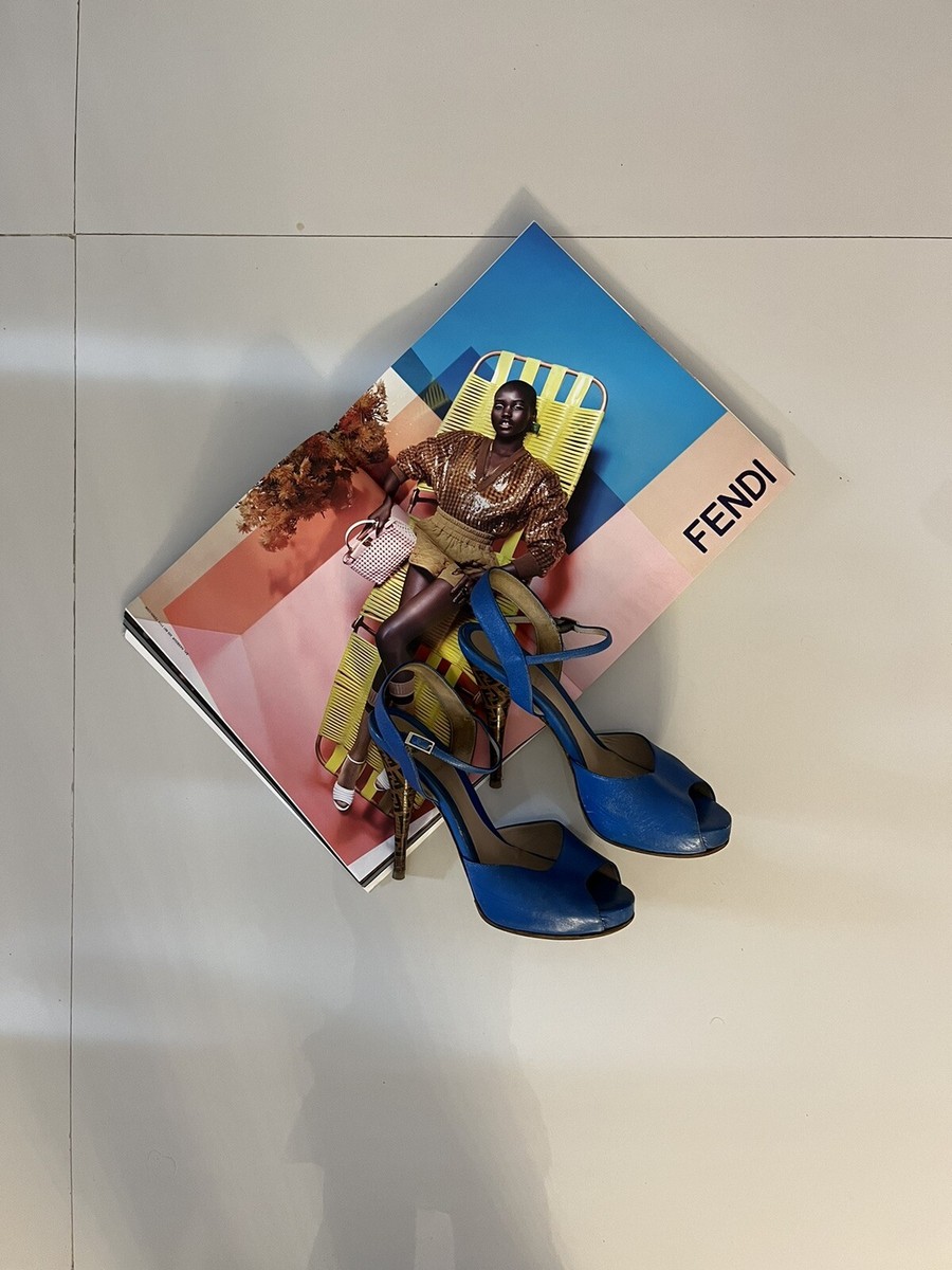 FENDI Leather Sandals Women FF ZUCCA Heels Royal Blue Sz 38