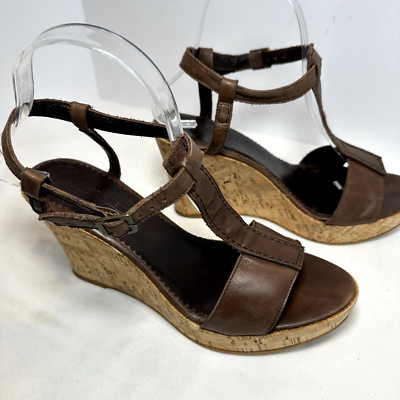 Weekend MaxMara Brown Leather Cork Wedge T-strap Sandals SZ 39 Made in Italy