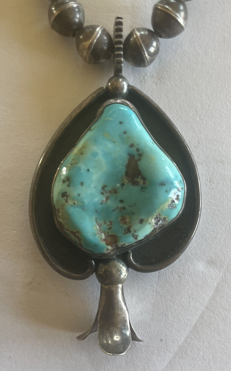 Navajo Squash Blossom Necklace Turquoise Indian H… - image 5