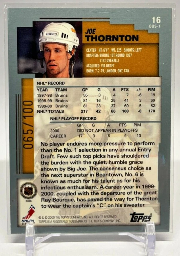 2000-01 O-Pee-Chee THORNTON Topps Foil Parallel 065/100 #16 Bruins OPC JOE - Image 2 of 2