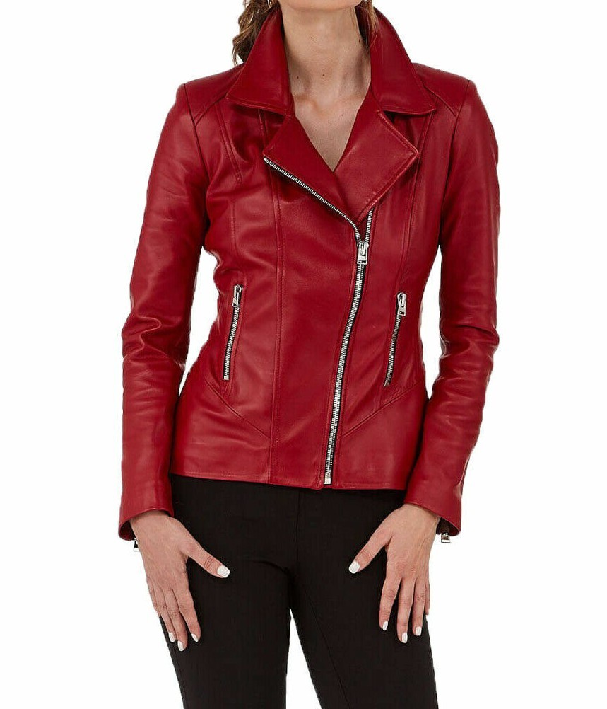 Chaqueta de cuero roja para mujer 100 % piel de cordero Spft bombardero motoc...