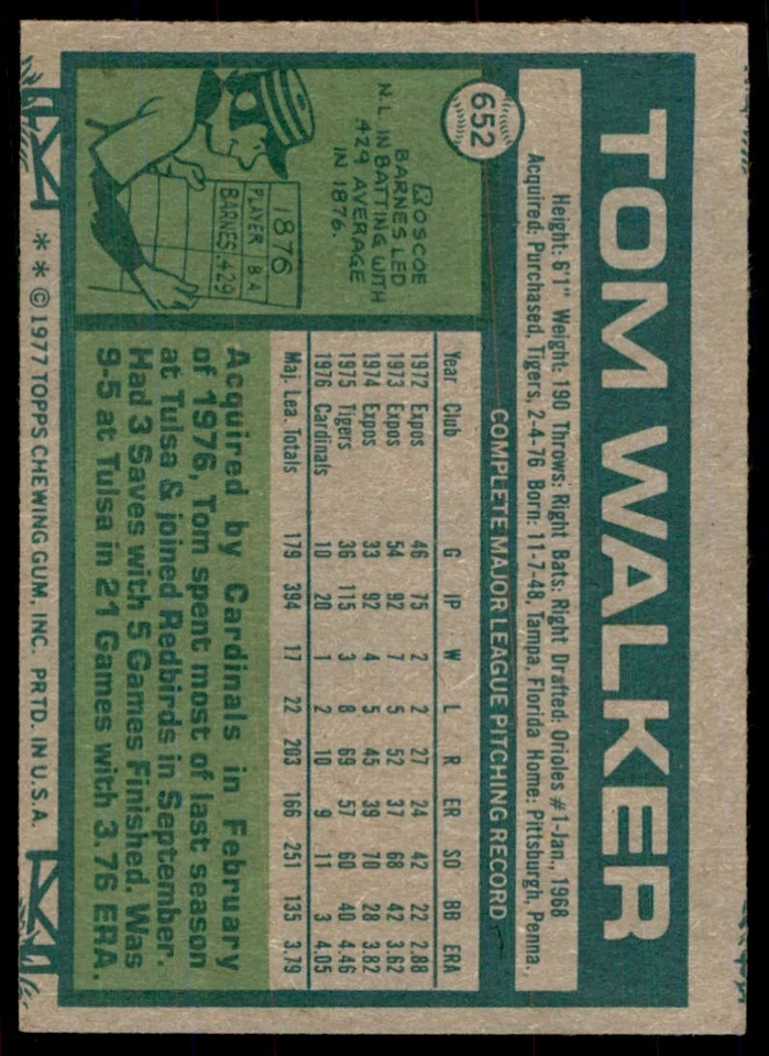 1977 TOPPS TOM WALKER ST. LOUIS CARDINALS #652 - Image 2 of 2