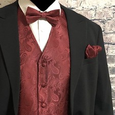 BURGUNDY Paisley Tuxedo Suit Dress Vest Waistcoat  Bowtie Hankie Wedding Prom