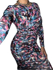 David Meister Womens Sz 2 Art Wear Watercolor Brush Ruched Zip Jersey Dress