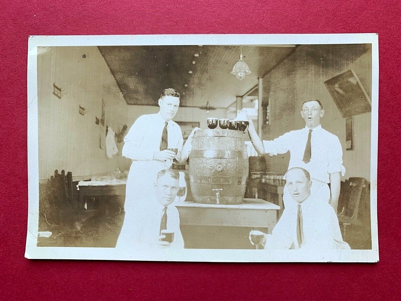 RARE c1920 American BEER HALL WOOD KEG Brewery BAR RPPC PHOTO Brewers BARTENDER 