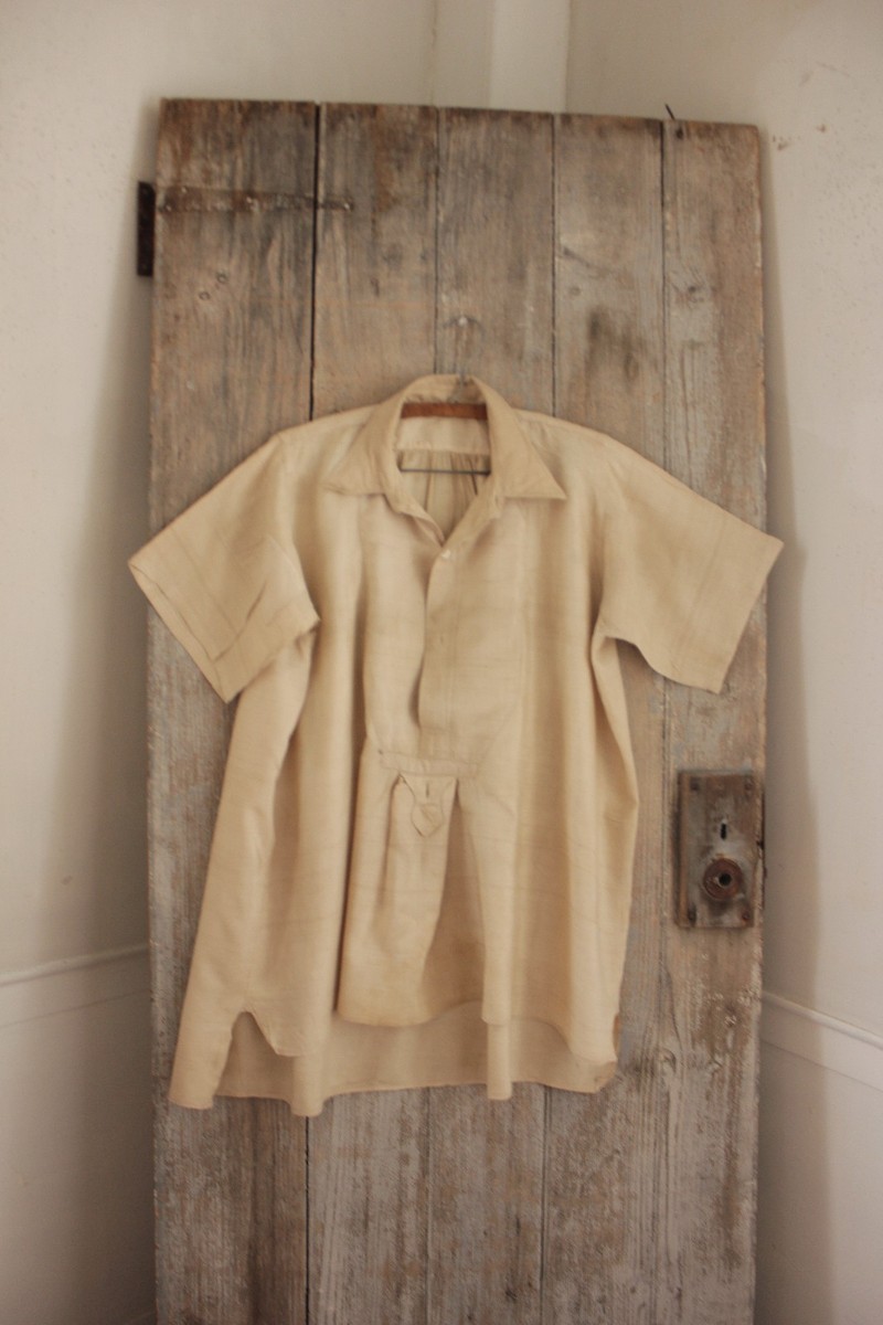 Silk shirt French 19th century RARE work wear w/ mends & mother of