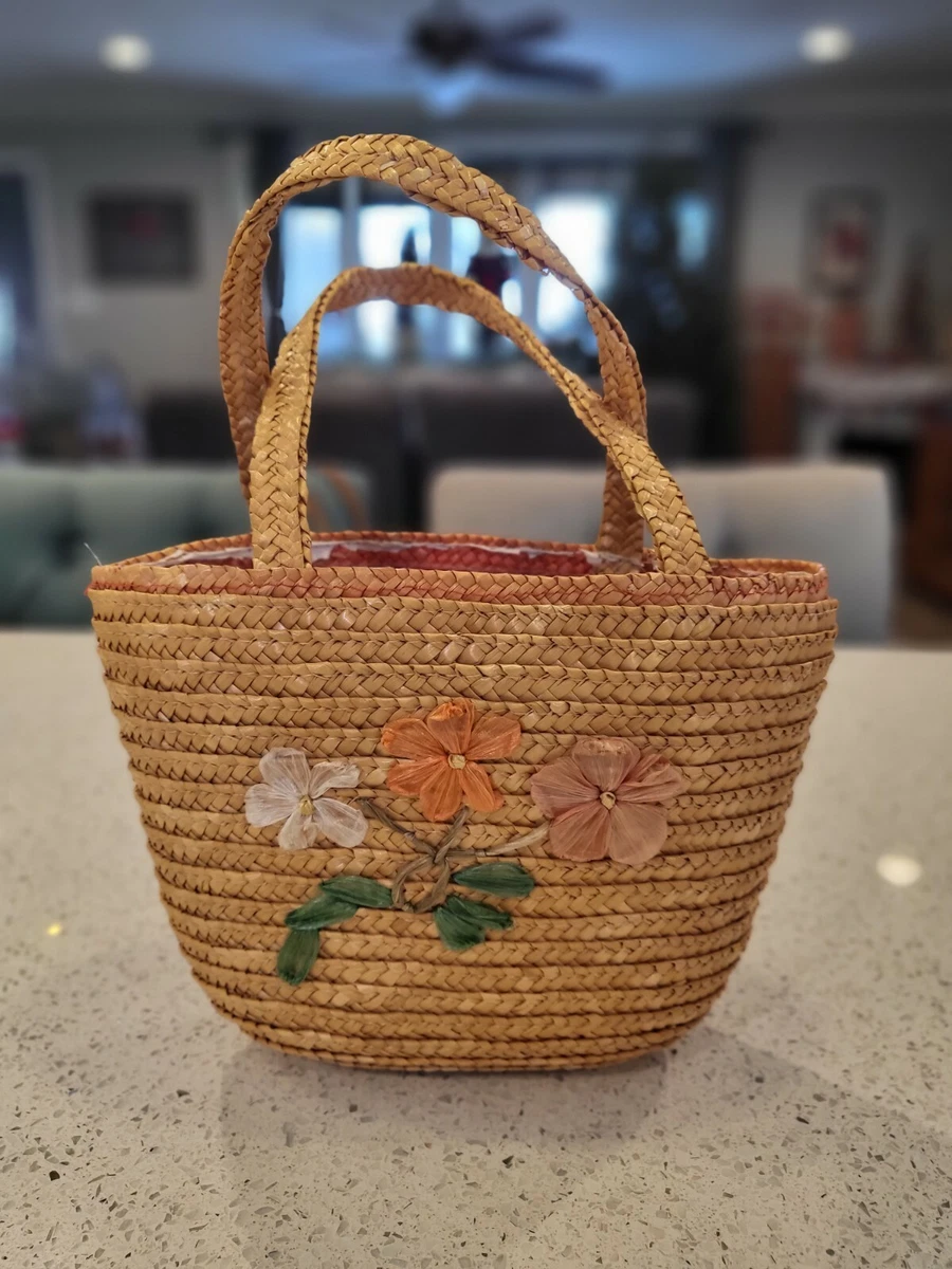 Vintage Childs Purse tote Bag straw raffia silky flowers | eBay
