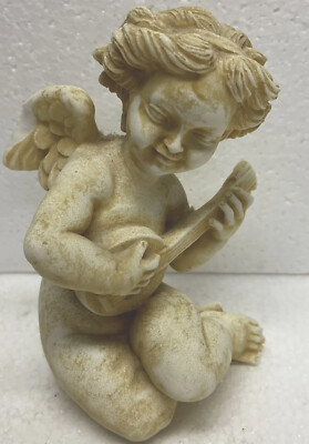 Angel Figurine Playing Mandolin Plaster Italy White 5.5  Height