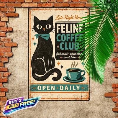 Cat Cafe Black Illustration Sign Retro Feline Bar Metal Wall Decor