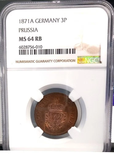 GERMANY PRUSSIA 1871A 3 PFENNIG NGC MS 64 RB
