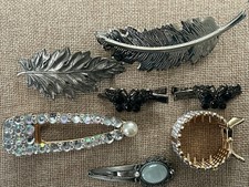 Vtg Barrette Hair Clips Lot of 7 Gold Silver Tone Crystal Butterfly Faux Pearl
