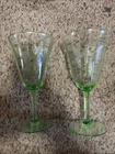 Vintage Green Uranium Glass Etched Flower Wine Glasses Set Of 2 Depression
