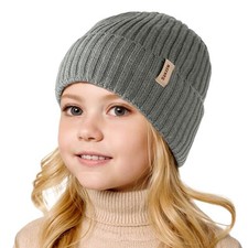 Kids Winter Beanie Hat for Girls Boys Seepage Proof Kids Warm Knitted Hat Grey