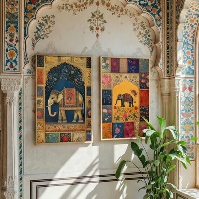 Set of 2 Royal Elephant Framed Wall Art Wooden Print Home Decor 13.5x19.5