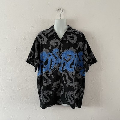 VINTAGE OCEAN CURRENT DRAGON PRINT SHIRT - L - SCHWARZ/BLAU - RETRO Y2K 00s