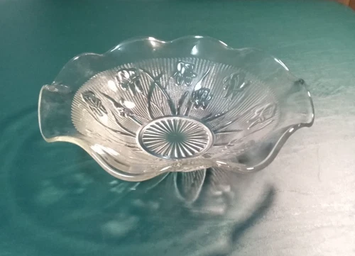 Clear Jeannette Iris and Herringbone 11-1/2" Ruffled Serving Bowl Vintage