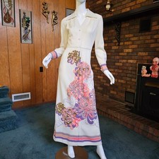 Vtg 70s Hawaiian Alfred Shaheen Panel Print Luau Party Signed Host Maxi Dress S