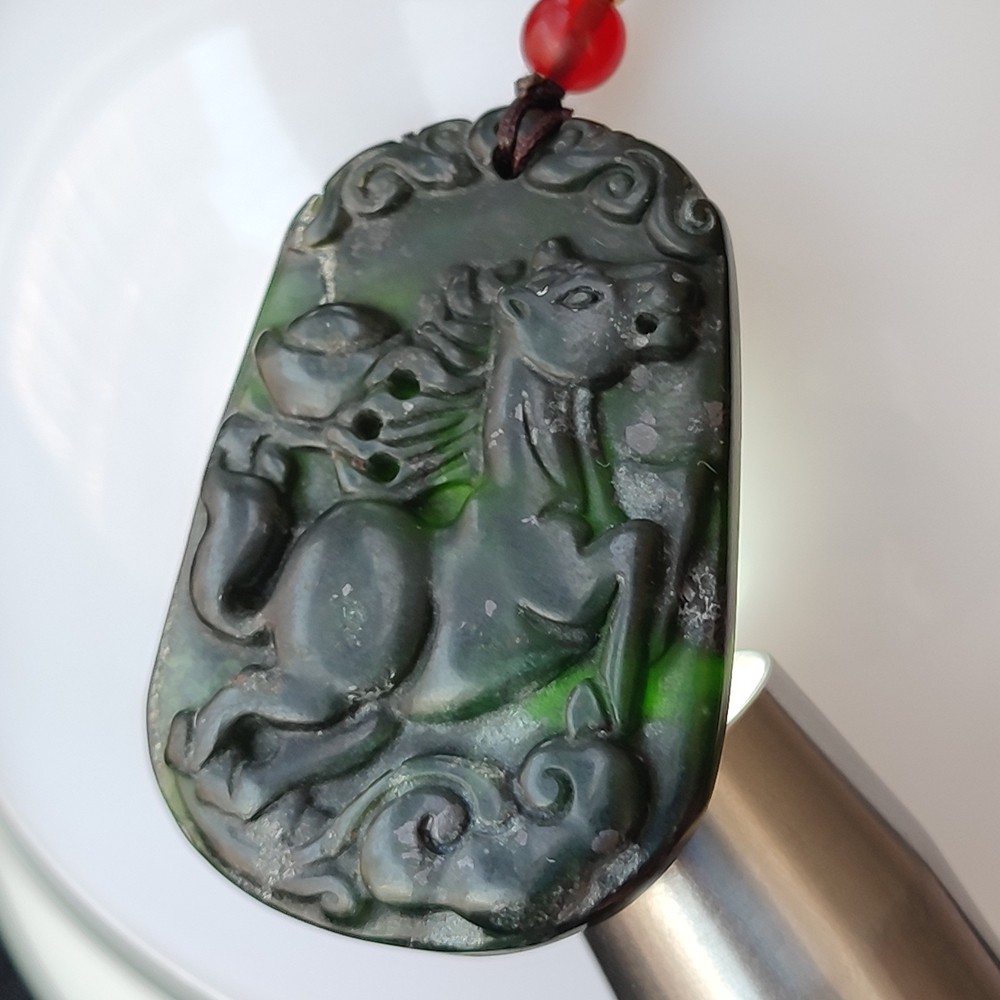 46mm Grade A Black Green Natural Burma Jade jadeite Zodiac Horse Amulet Pendant
