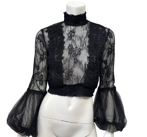 RETRO Whimsigoth Black Lace Top Sheer Mesh Sleeve Dark Romantic Witchy Gothic S