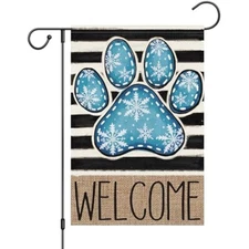 Winter welcome garden flag dog paw print 12x18 inch small burlap doubl