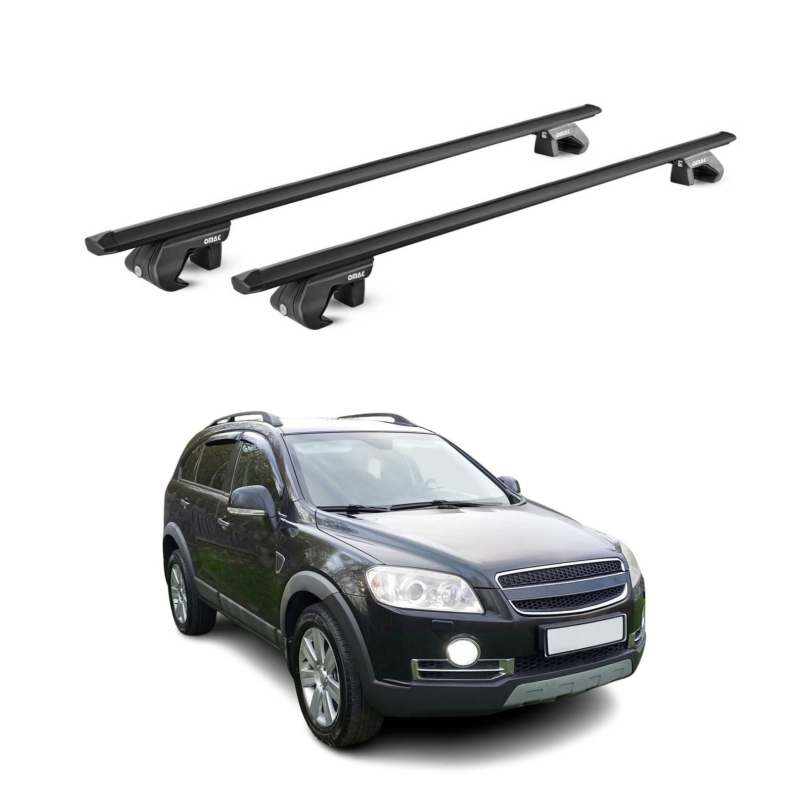 Barres de toit transversales Chevrolet Captiva alu noir avec kit fixation rails longitudinaux